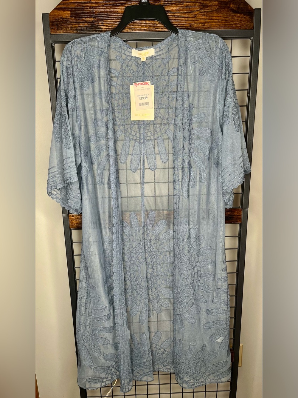 Rebellion Again Steel Blue Embroidered Sheer Kimono NWT